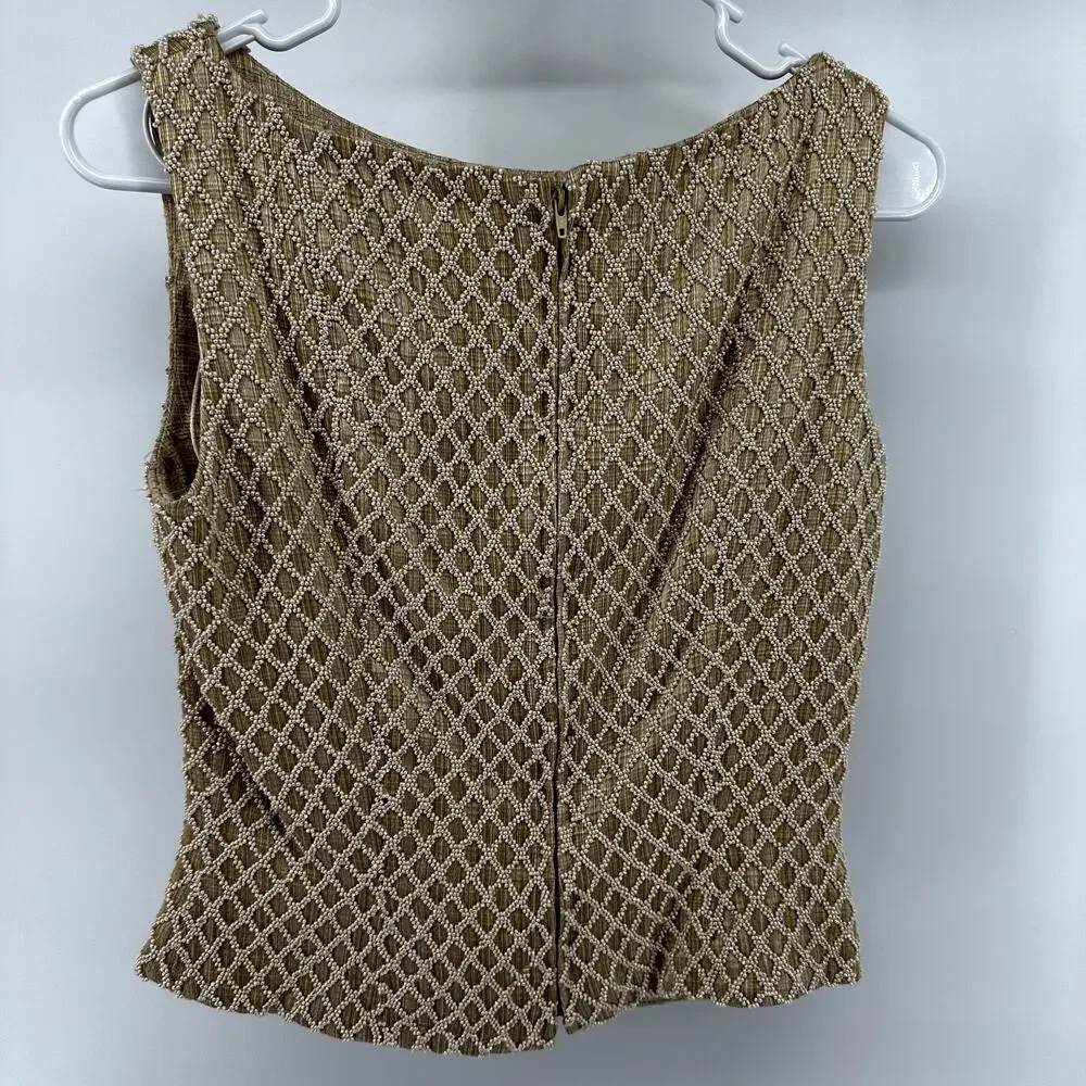 Vintage Carmen Marc Valvo Beaded Blouse 90s Embellished Top Zip Lined Beige 4 - Picture 5 of 5